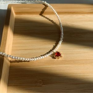 Handmade pearl red heart necklace